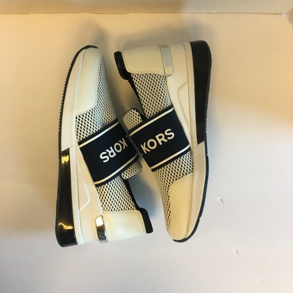 Michael Michael Kors Felix Extreme Trainer Size 10m White Navy Slip On Wedge - Picture 3 of 14
